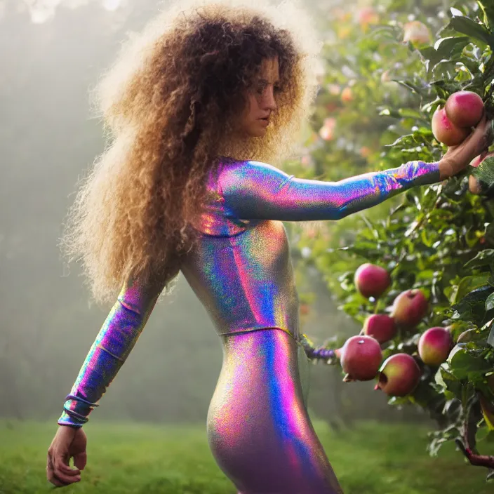 Image similar to a closeup portrait of a woman wearing an iridescent holographic bodysuit, picking apples from a tree, foggy, moody, photograph, by vincent desiderio, canon eos c 3 0 0, ƒ 1. 8, 3 5 mm, 8 k, medium - format print