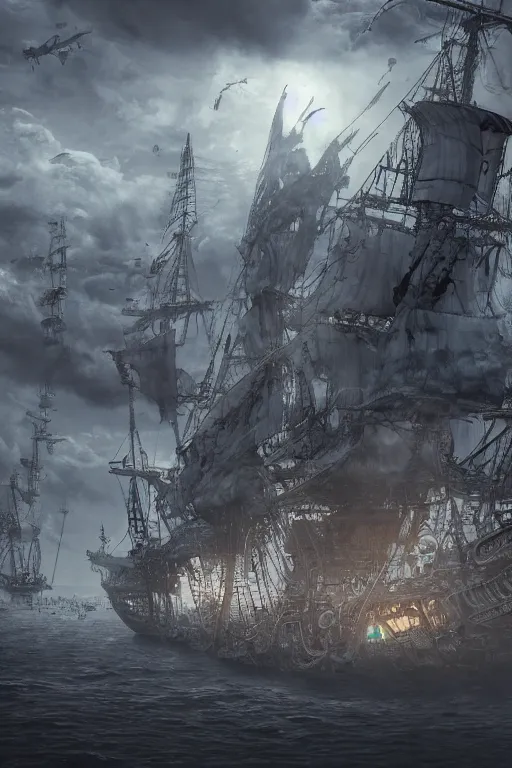 Image similar to photography of a highly detailed ghost pirate ship flying in the sky. london in background. intricate, overview, hyper realism, professional digital art, unreal engine 5, 8 k render, sharp focus, trending on art station.