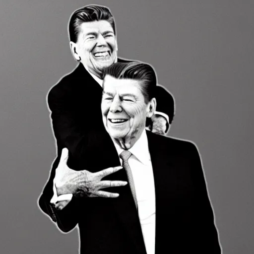 Prompt: trump getting a piggy - back ride from ronald reagan