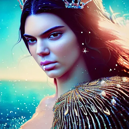 Image similar to kendall jenner portrait, fantasy, mermaid, hyperrealistic, game character, underwater, highly detailed, sharp focus, cinematic lighting, pearls, glowing hair, shells, gills, crown, water, highlights, starfish, jewelry, realistic, digital art, pastel, magic, fiction, ocean, king, colorful hair, sparkly eyes, fish, heroic, goddess, waves, bubbles, queen