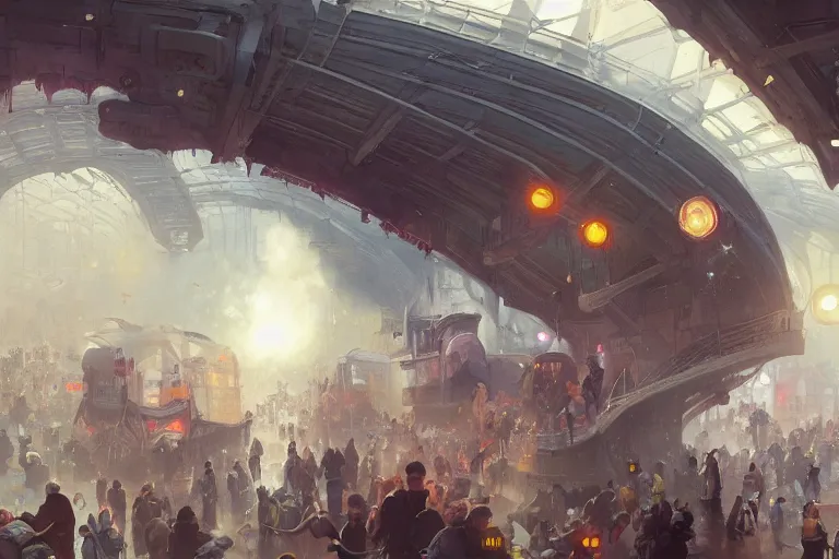 Image similar to subway mayhem as people rush to get on the cattrain, highly detailed, digital painting, artstation, concept art, smooth, sharp focus, illustration, art by greg rutkowski and alphonse mucha