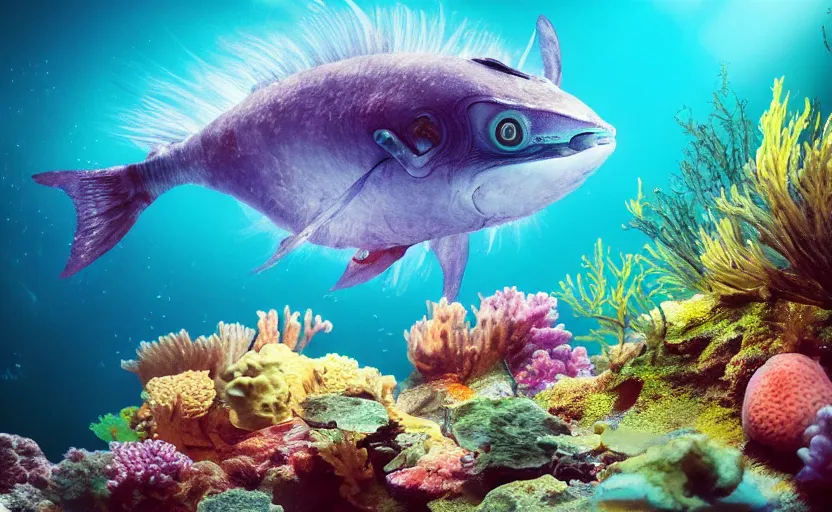 Prompt: photo of an extremely cute alien fish swimming an alien habitable underwater planet, coral reefs, dream-like atmosphere, water, plants, peaceful, serenity, calm ocean, tansparent water, reefs, fish, coral, inner peace, awareness, silence, nature, evolution, 8K,