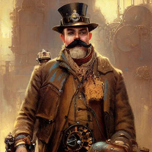 Image similar to a steampunk craftsman, burly with moustache, character portrait by greg rutkowski, gaston bussiere, craig mullins