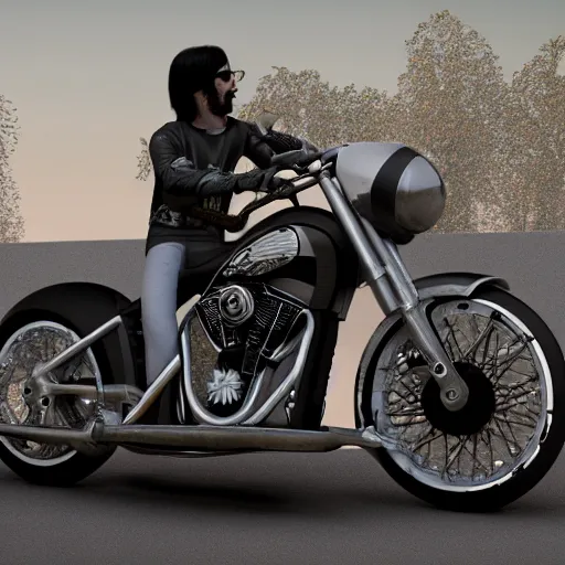 Prompt: brutalism biker on his harley-davidson in Tim burton Style, ultra detailed, ultra realistic, photography, unreal engine 5, atmospheric light, mute color, 8K, dof