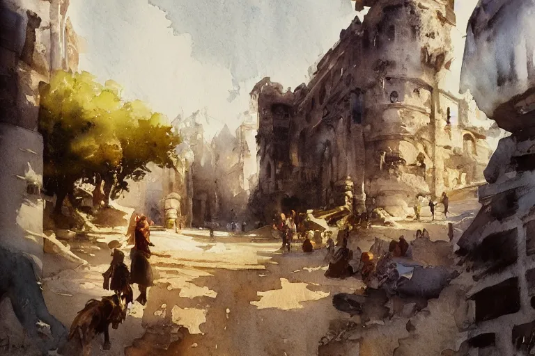 Prompt: small centered on watercolor paper, paint brush strokes, abstract watercolor painting of ancient roman arcs in bright daylight, cinematic light, national romanticism by hans dahl, by jesper ejsing, by anders zorn, by greg rutkowski, by greg manchess, by tyler edlin