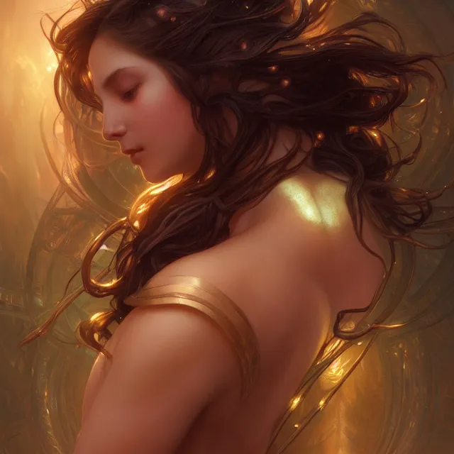 Image similar to close up portrait of a beautiful fantasy female goddess, shiny skin, glowing hair, glowing armor, subsurface scattering, ethereal, artistic, dark glowing background with light rays, fantasy atmosphere. art by artgerm, greg rutkowski and alphonse mucha, highly detailed skin, intricate, lifelike. sci - fi, fantasy, magical, octane render,