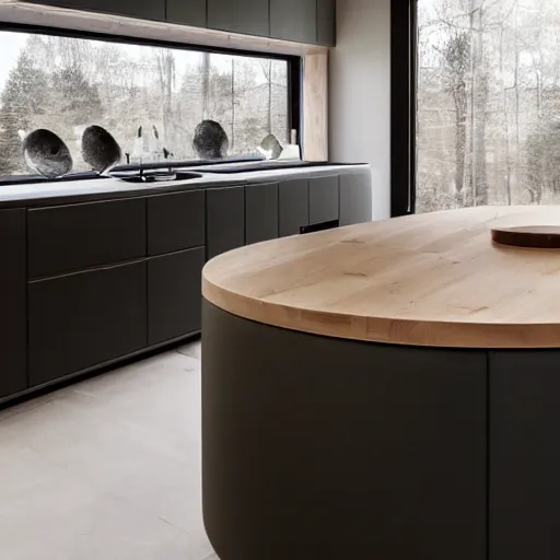 Image similar to luxury bespoke kitchen design, modern rustic, Japanese and Scandanvian influences, understated aesthetic, innovative materials and textrue, by Roundhouse Design