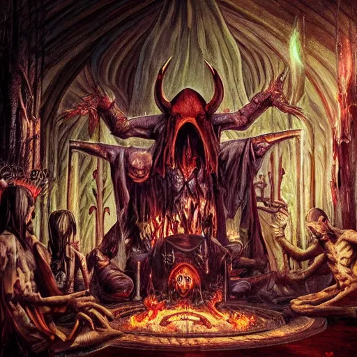 Image similar to painting of evil occult ritual with hooded cult members worship demonic shrine, ultra realistic, concept art, intricate details, eerie highly detailed