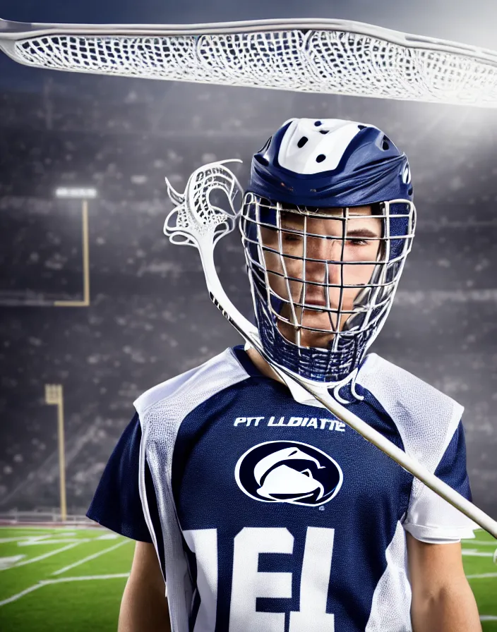 Image similar to closeup portrait of very beautiful cute male lacrosse player in a penn state stadium, glamour pose, particle effects, backlit, highly detailed, soft ambient lighting, sharp focus, rule of thirds, artgerm, wlop, arney freytag, rossdraws, frank frazetta, andrei riabovitchev, hd, octane, 4 k