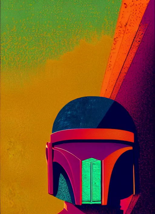 Image similar to ( ( dither ) ), super cannabis!!!!!! editorial illustration portrait of mandalorian, modern art deco, colorful, ( ( mads berg ) ), christopher balaskas, victo ngai, rich grainy texture, detailed, dynamic composition, wide angle, moebius, matte print, linocut wood block print