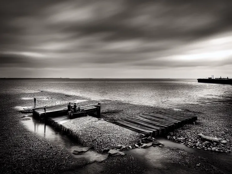 Prompt: a forgotten wharf on a cold sea by zacharias aagaard, hyperrealism, high contrast, low light, desaturated, grey mist, cobblestones, orange candle flames, volumetric lighting