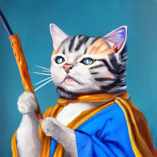 Image similar to An oil painting portrait of a cat wizard wearing blue robes, holding a staff casting a fire spell, digital art