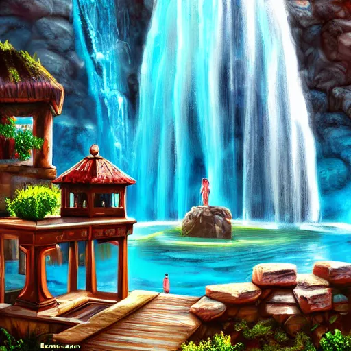 Image similar to ancient ottoman structure and waterfalls, epic retrowave art, trending on art station