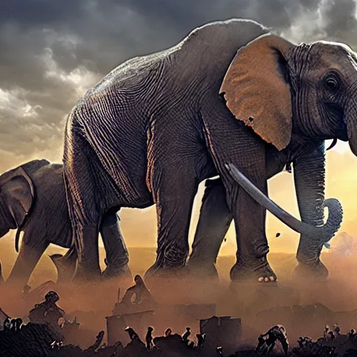 Image similar to giant zombie elephants destroying a city