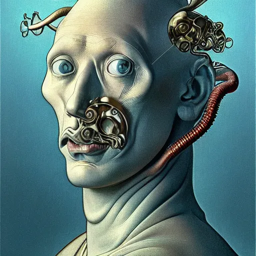 Prompt: realistic extremely detailed portrait painting of an average man with exposed clear brain case:10, retro futuristic ,water water, by Stanisław Szukalski and beeple,Jean Delville, Amano,Yves Tanguy, Alphonse Mucha, Ernst Haeckel, Edward Robert Hughes, Roger Dean, rich moody colors, blue eyes,octane render,4k,f32