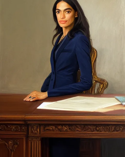 Prompt: close - up portrait of the united states president, alexandria ocasio - cortez, standing at the resolute desk, 2 0 2 4, painting, oil on canvas by william sidney mount, trending on artstation, national archives