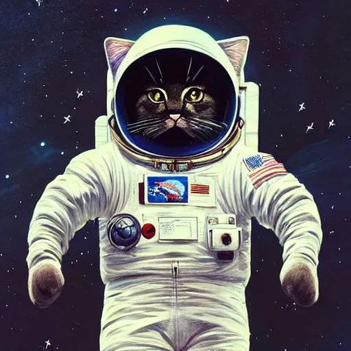 Prompt: Cat!!!!!!!!! Spacesuit, astronaut, Portrait by Greg Rutkowski, intricate details, futuristic, volumetric lights, streetwear, studio ghibli, Organic Painting , Matte Painting, geometric shapes, hard edges, trending on the artstation, fantasy LUT, realistic by Sachin Teng + Martin Grip + Moebius + Patrick Gleason, smooth, sharp focus, illustration, art by John Collier and Albert Aublet and Krenz Cushart and Artem Demura and Alphonse Mucha, techwear, Industrial Scifi, detailed illustration, character portrait,