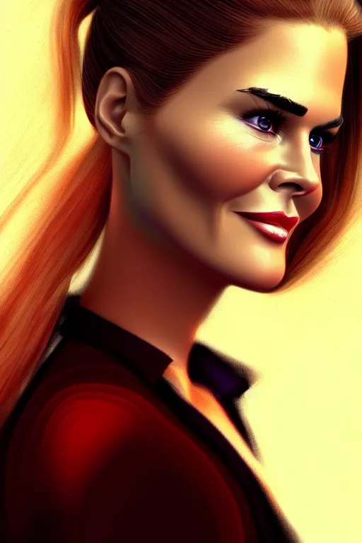 Image similar to mix of beautiful young maria shriver, mariel hemmingway, brooke shields, nicole kidman and elle macpherson as an alien creature, thin lips, hair tied up in a pony tail, dark blonde hair, colorful, artstation, cgsociety