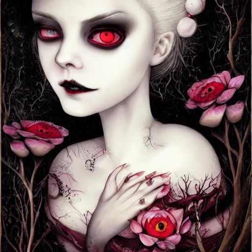 Prompt: a sensual serious gothic vampiress with decaying flowers and a quirky smile, pale with small mouth but exhuberant lips, round beautiful oval shape and big expressive eyes by benjamin lacombe