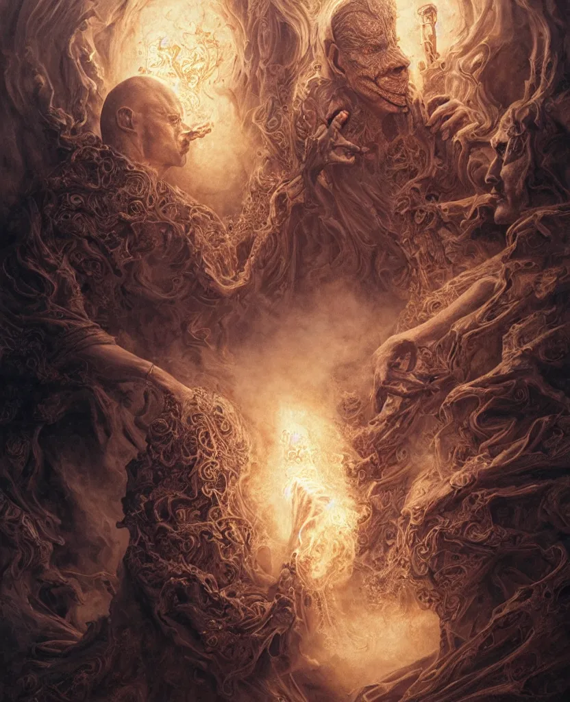 Image similar to the sandman, very detailed, 8k, maximized, ornate, masterpiece, complex, by Greg rutkowski, Alex Gray, surrounded by smoke