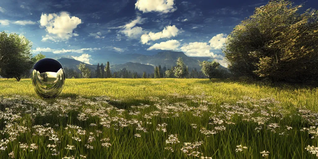 Prompt: chrome blob hovering over a meadow daylight flowers wildlife photorealistic wonderful render unreal ultrawide