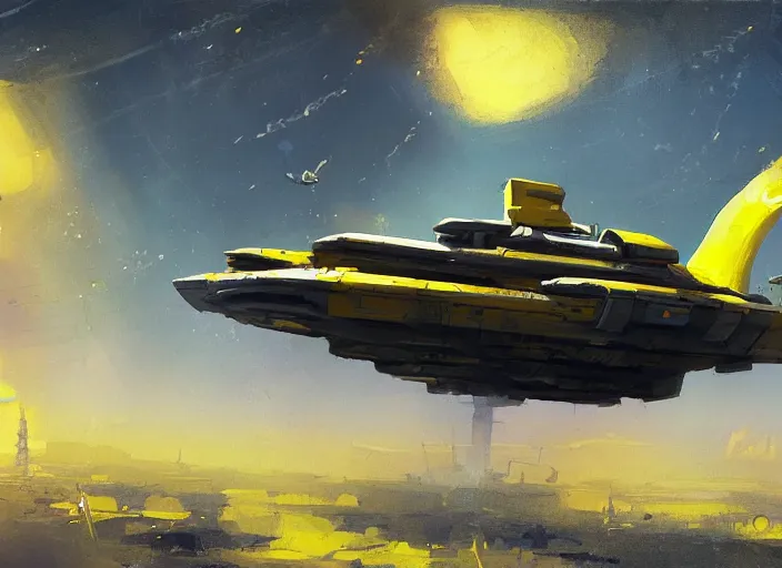 Image similar to a painting of a futuristic yellow submarine plane flying through the sky, concept art by Ian McQue, cgsociety, highly detailed, artstation, concept art, sci-fi