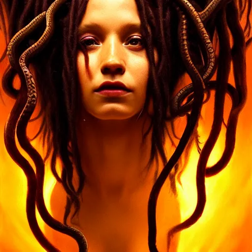 Image similar to seductive medusa with snakes as dreadlocks portrait, mysterious atmospheric lighting, painted, intricate, volumetric lighting, beautiful, menacing, rich deep colours masterpiece, golden hour, sharp focus, ultra detailed, by leesha hannigan, ross tran, thierry doizon, kai carpenter, ignacio fernandez rios