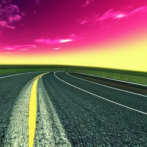 Image similar to 9 0 s sports car driving toward sunset, kidmograph style