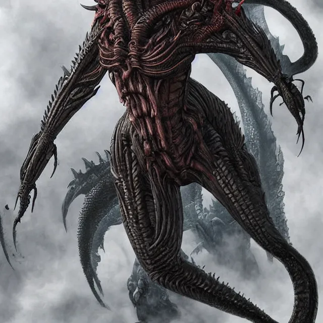 Prompt: an female humanoid fusion of a dragon, godzilla, and a xenomorph trending on artstation deviantart pinterest detailed hyper detailed photorealistic hd 8 k post - processing high resolution