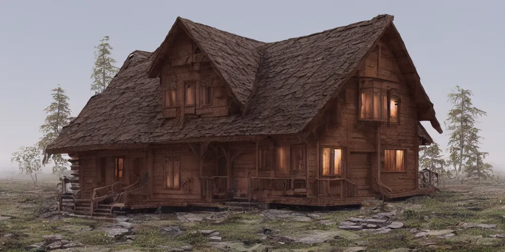 Image similar to wooden house design, character sheet, 3d render, Greg Rutkowski, Zabrocki, Karlkka, Jayison Devadas, Phuoc Quan, trending on Artstation, 8K, ultra wide angle, zenith view, pincushion lens effect