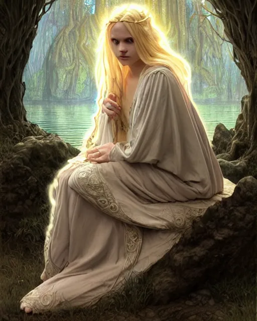 Prompt: beautiful cottagecore blonde braided hair young mage wearing a mystical layered heavy cloak and chemise sitting at a summoning circle pond, dark cave, fantasy character portrait, ultra realistic, intricate, elegant, highly detailed, digital painting, artstaion, smooth, sharp, focus, illustration, art by artgerm and greg rutkowski and alphonse mucha