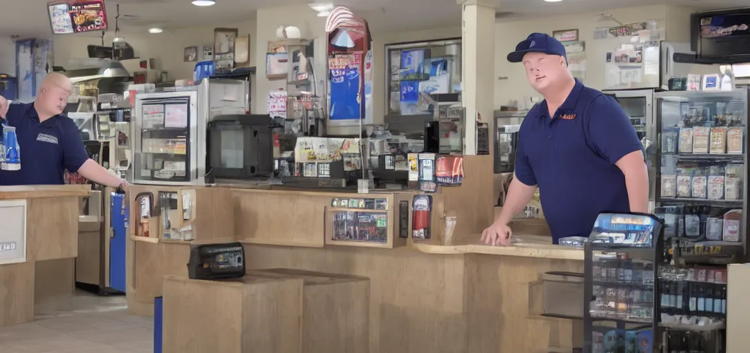 Image similar to bobby hill from king of the hill working behind the counter of a gas station, 8 k, hd, movie still