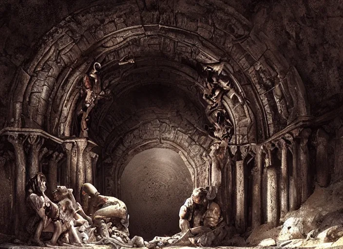 Prompt: underground cavern. carved archway imposing stone ( 8'tall ). decorative carvings ( people writhing in agony, some with dissolving flesh, others skeletal ). edgar maxence and caravaggio and michael whelan and delacroix style, artistic, intricate painting, cinematic lighting, hyper realistic, extremely detailed, vivid colors, establishing shot, dramatic lighting.