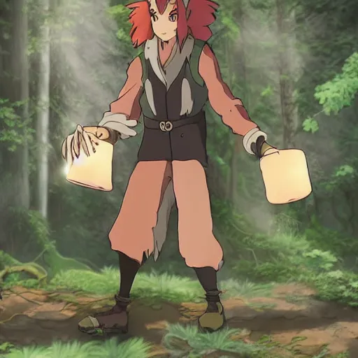 Image similar to a fantasy fox humanoid anime character carrying a candle in his hands, the forest, by studio ghibli and japanese style