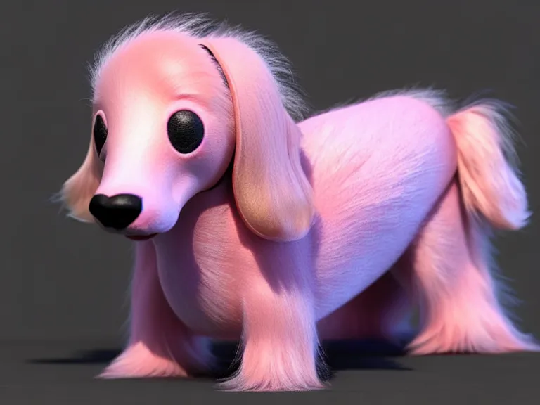 Image similar to high quality 3 d render hyperrealist very cute multipastel very fluffy smooth dachshund plush mascot, photo from the side, vray, smooth in the background, artstation, ultra detailed, octane render