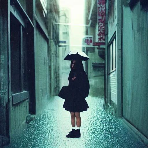 Image similar to 1990s perfect 8K HD professional cinematic photo of close-up japanese schoolgirl posing in sci-fi dystopian alleyway at morning during rain, at instagram, Behance, Adobe Lightroom, with instagram filters, depth of field, taken with polaroid kodak portra