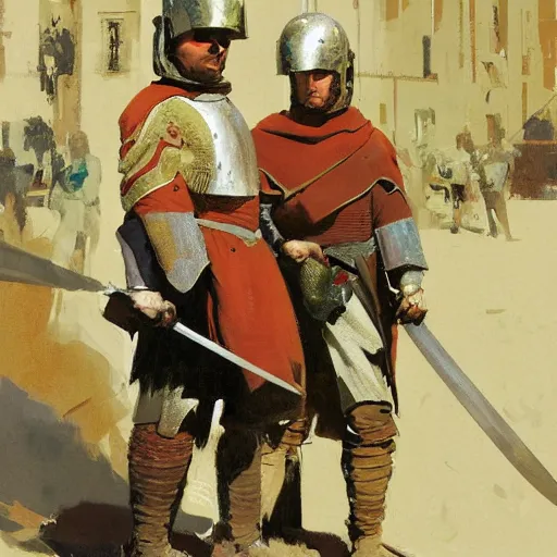 Prompt: portrait of two men wearing gambeson and medieval helmets, raised swords, fighting, detailed by greg manchess, craig mullins, bernie fuchs, walter everett