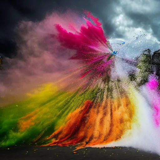 Prompt: a colourful explosion of powder behind a helicopter