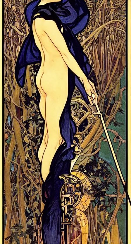 Image similar to an art deco tarot card of the grim reaper with a scythe, digital painting by tamara de lempika and an elegant border by alphonse mucha.