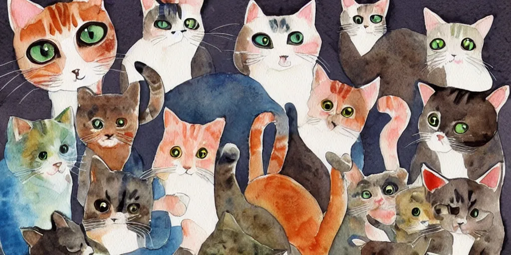 Image similar to watercolor illustration style, cute! cats!!! play with different things