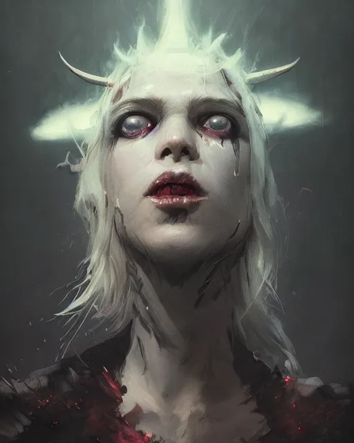 Image similar to A head and shoulder portrait of a demonic succubui by Greg Rutkowski, Sung Choi, Mitchell Mohrhauser, Maciej Kuciara, Johnson Ting, Maxim Verehin, Peter Konig, final fantasy, 8k photorealistic, cinematic lighting, HD, high details, dramatic, dark atmosphere, trending on artstation