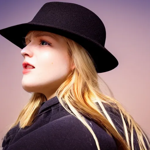 Prompt: portrait of 2 0 - year - old woman with angle lost profile looking away, cinematic colors, medium yellow blond hair, character with a hat, hair comes out of the hat a little