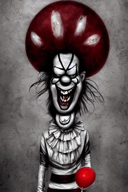 Image similar to surrealism grunge cartoon portrait sketch of Pennywise with a wide smile and a red balloon by - michael karcz, loony toons style, freddy krueger style, horror theme, detailed, elegant, intricate