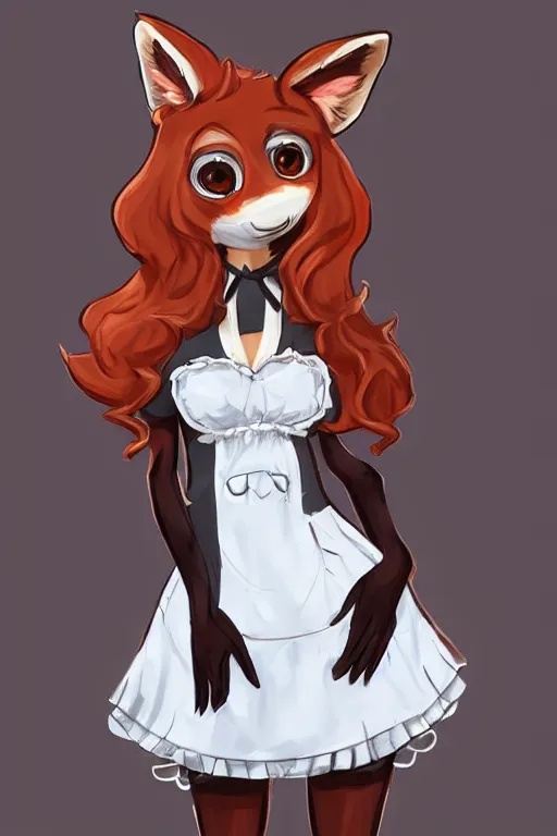 Image similar to a fox fursona wearing a maid outfit, highly detailed, digital art, trending on artstation, furry art