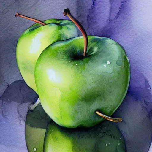 Prompt: watercolor still life with green apples by anna dittmann, by marco mazzoni, by stephanie law,