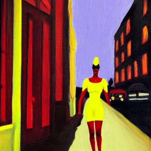 Image similar to a portrait painting of Grace Jones walking down a lit up street in the evening, in the style of Edward Hopper, 4k,