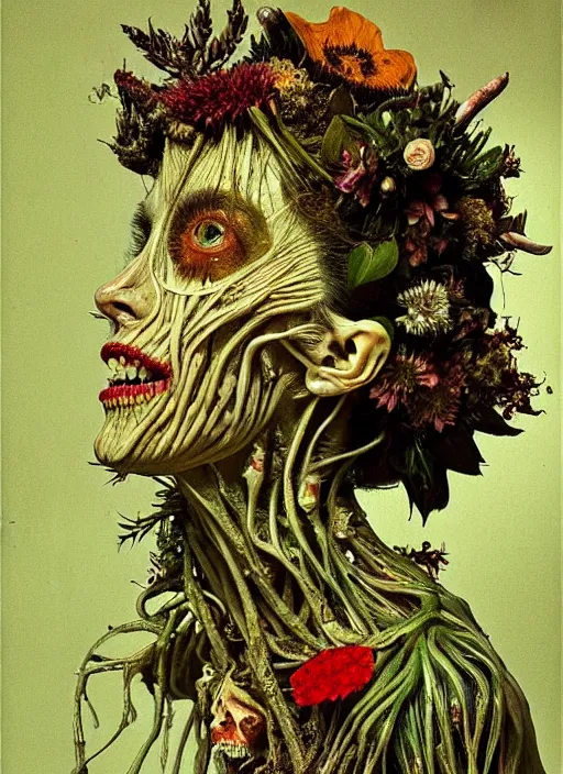 Image similar to beautiful and detailed rotten woman made of plants and many different types of flowers, muscles, intricate, organs, ornate, surreal, miguel angel, gustave courbet, caravaggio, romero ressendi, van gogh