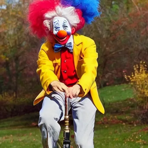 Prompt: einstein is wearing a clown outfit, he is riding a unicycle, he is eating an apple,