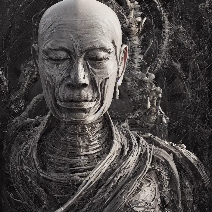 Image similar to portrait of Buddhist Monk as skeleton. intricate abstract. intricate artwork. by Tooth Wu, wlop, beeple, dan mumford. octane render, trending on artstation, greg rutkowski very coherent symmetrical artwork. cinematic, hyper realism, high detail, octane render, 8k, chrome accents