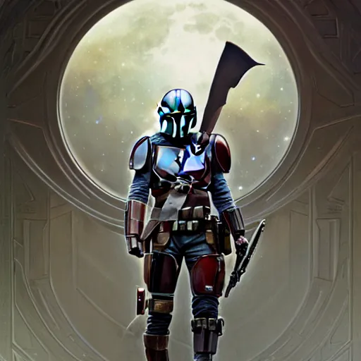 Prompt: the mandalorian surrounded by starlight, moon behind him, fantasy, intricate, elegant, hyper detailed, ultra definition, photoreal, artstation, unreal engine rendered, concept art, smooth, sharp focus, illustration, art by artgerm and greg rutkowski and alphonse mucha and garis edelweiss h 7 0 4